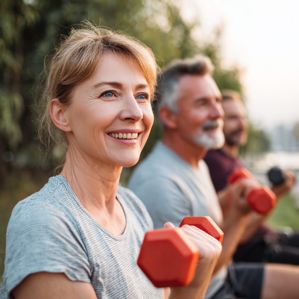 Ukrainian adults engaging in mindful movement exercises in a natural outdoor setting