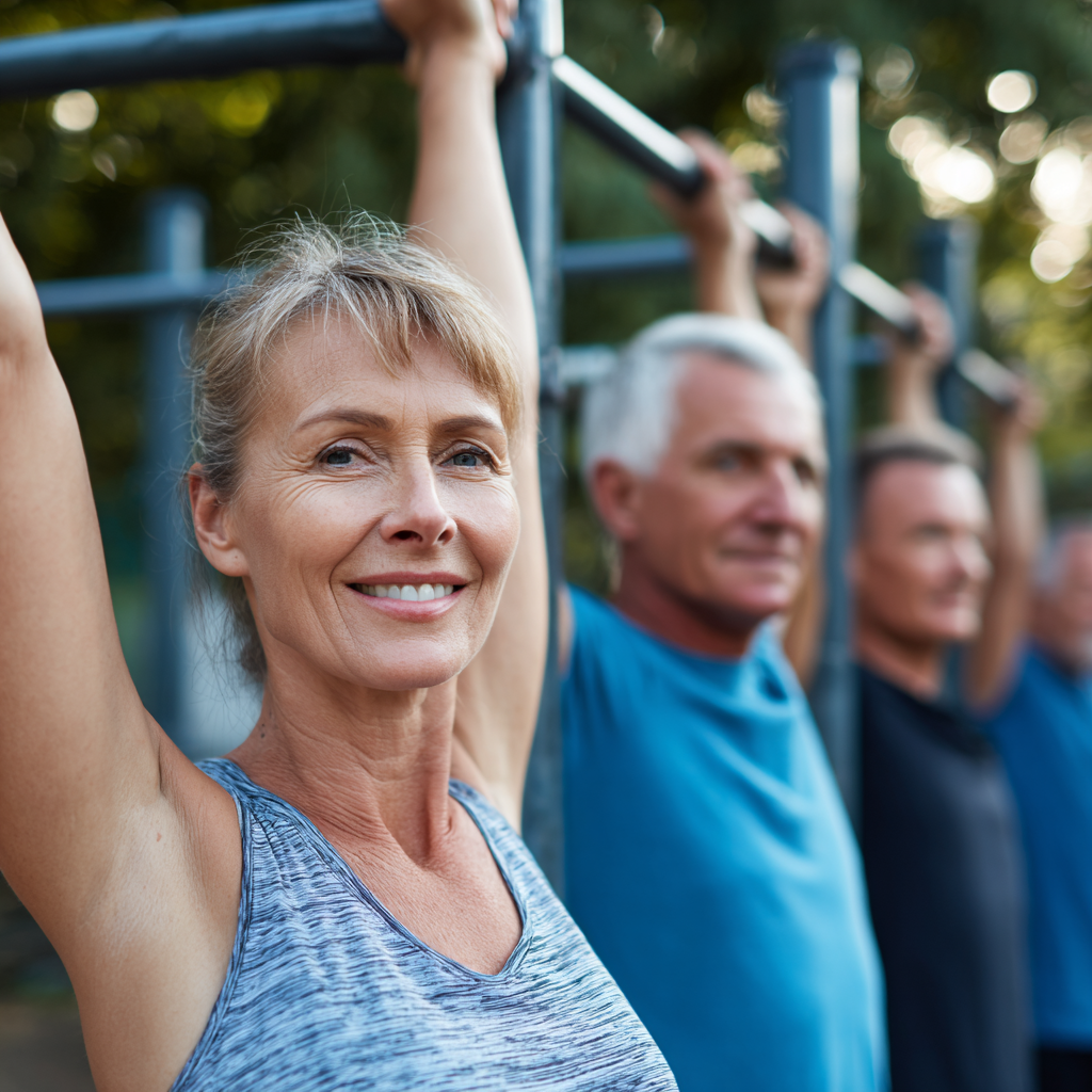 Peaceful Ukrainian adults practicing gentle stretching and breathing exercises in a serene environment